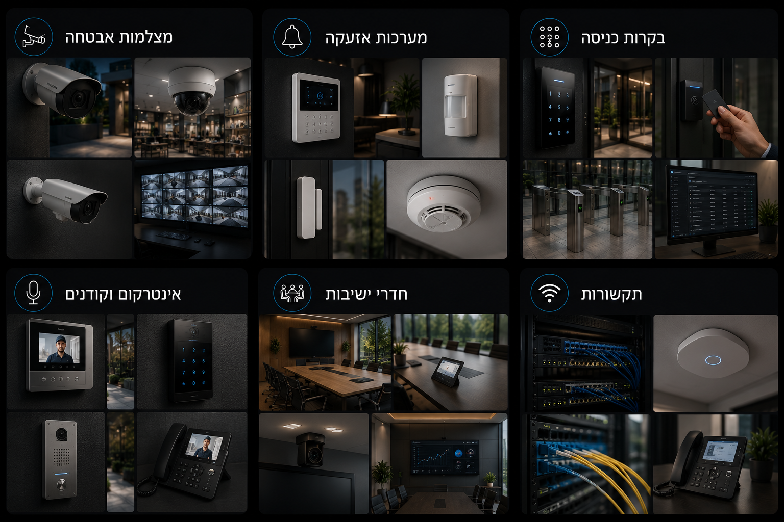 התקנות מהשטח — מצלמות, אזעקה, בקרת כניסה, אינטרקום, חדרי ישיבות ותקשורת